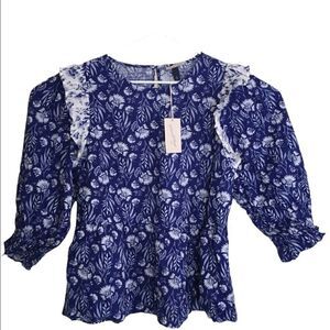 NEW Women's Floral Print Puff 3/4 Sleeve Embroidered Ruffle Top NWT - M